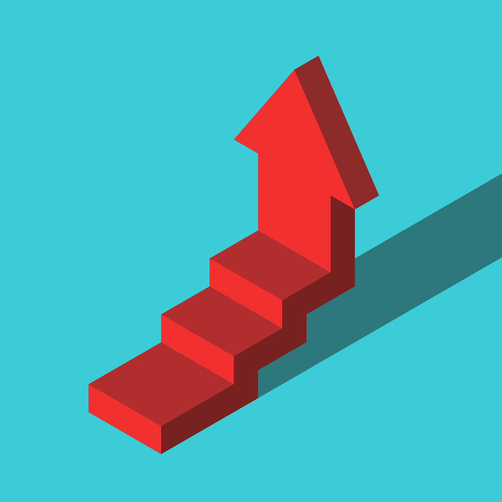 Isometric red stepped vertical arrow going up. Growth, personal development, motivation, achievement and ambition concept. Flat design. Vector illustration, no transparency, no gradients