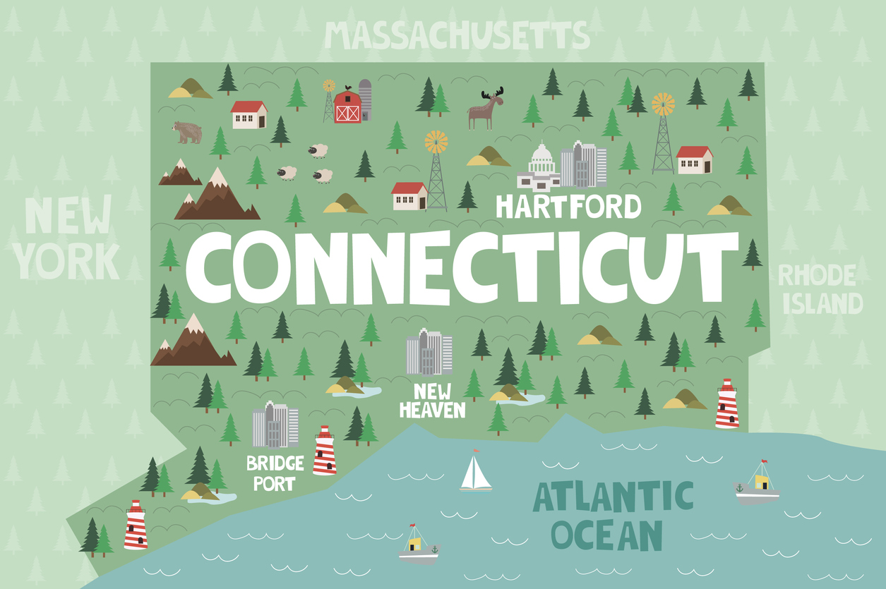 Stylized illustration of the map of Connecticut, with the Atlantic Ocean, Hartford, New Haven, Bridgeport, trees, lighthouses. CT's recently legalized iGaming market has seen great success, but there's also a dark side to such growth.