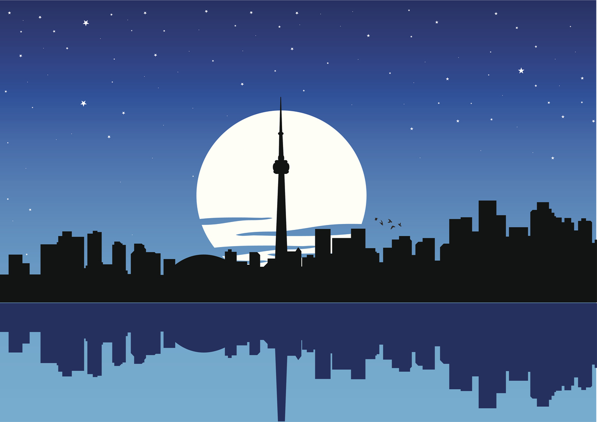 an illustration of the Toronto skyline at night. CN Tower and skyscrapers rise up from the shore of Lake Ontario. Ontario, lit up with lights and neon, Canada's biggest province, is set to launch its new regulated iGaming market on April 4.